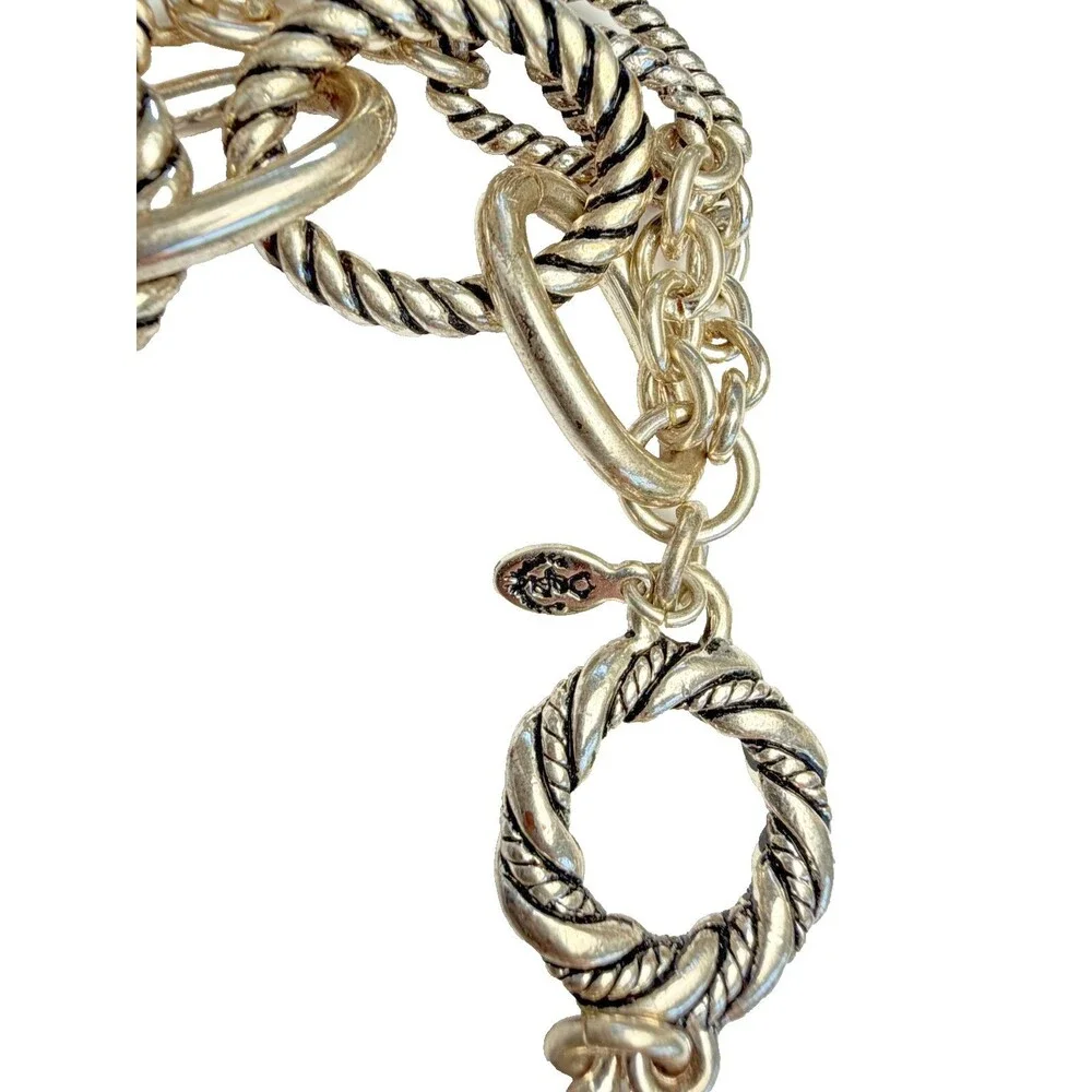 Vintage Chunky Rope Chain Toggle Bracelet Faux Pearl Charm Silver Tone Coastal